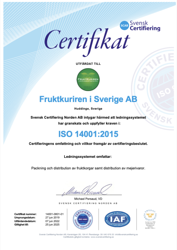 Certifikat för Frukkuriren: ISO 14001:2015